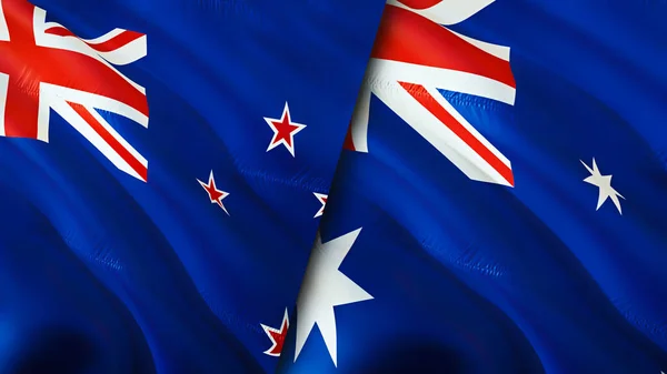 新西兰和澳大利亚的国旗 3D波浪旗帜设计 新西兰国旗 新西兰对澳大利亚的图像 3D渲染 新西兰与澳大利亚的关系 — 图库照片