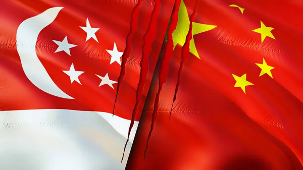 Bandeiras Singapura China Com Conceito Cicatriz Bandeira Ondulada Renderização Conceito — Fotografia de Stock