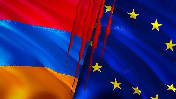 Armenia and European Union flags with scar concept. Waving flag,3D rendering. Armenia and European Union conflict concept. Armenia European Union relations concept. flag of Armenia and