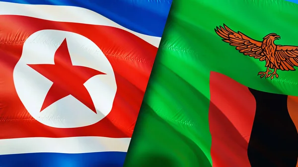 North Korea and Zambia flags. 3D Waving flag design. North Korea Zambia flag, picture, wallpaper. North Korea vs Zambia image,3D rendering. North Korea Zambia relations alliance an