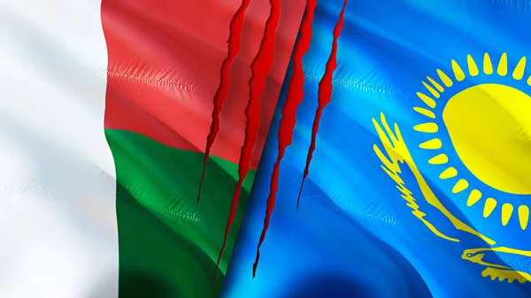 Madagascar and Kazakhstan flags with scar concept. Waving flag,3D rendering. Madagascar and Kazakhstan conflict concept. Madagascar Kazakhstan relations concept. flag of Madagascar and Kazakhsta