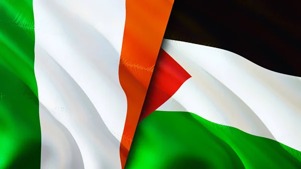 爱尔兰和巴勒斯坦的国旗 3D波浪旗帜设计 爱尔兰巴勒斯坦国旗 爱尔兰对巴勒斯坦图像 3D渲染 爱尔兰巴勒斯坦关系战争联盟的概念 — 图库照片