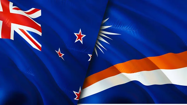 新西兰和马绍尔群岛的国旗 3D波浪旗帜设计 新西兰马绍尔群岛国旗 新西兰对马绍尔群岛的图像 3D渲染 新西兰马绍尔群岛 — 图库照片
