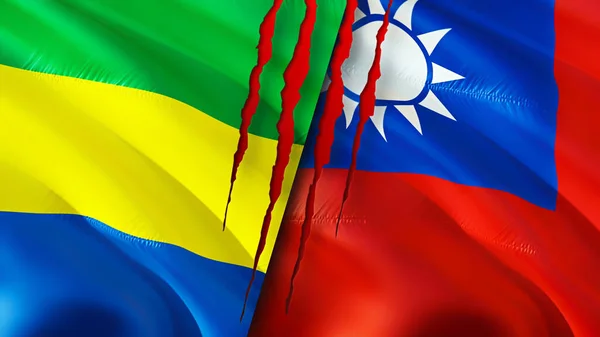 Gabon and Taiwan flags with scar concept. Waving flag,3D rendering. Gabon and Taiwan conflict concept. Gabon Taiwan relations concept. flag of Gabon and Taiwan crisis,war, attack concep