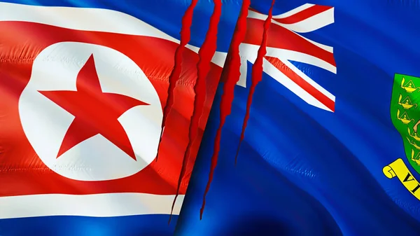 具有伤疤概念的北朝鲜和英属维尔京群岛国旗 飘扬的旗帜 3D渲染 北朝鲜和英属维尔京群岛冲突概念 北朝鲜英属维尔京群岛关系 — 图库照片