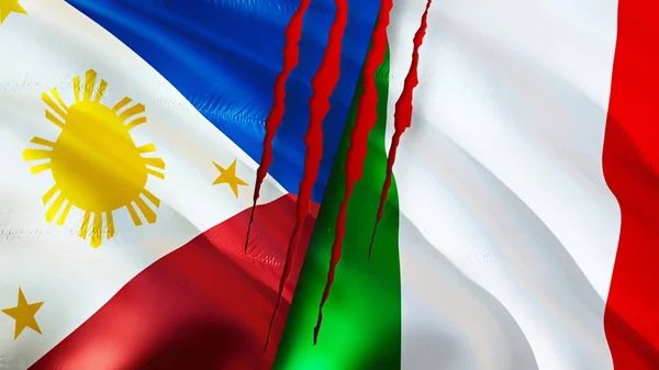 Filipina Dan Italia Bendera Dengan Konsep Bekas Luka Mengayunkan Bendera — Stok Foto