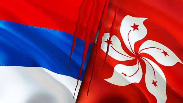 Serbia and Hong Kong flags with scar concept. Waving flag,3D rendering. Serbia and Hong Kong conflict concept. Serbia Hong Kong relations concept. flag of Serbia and Hong Kong crisis,war, attac