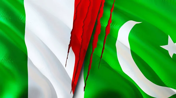 意大利和巴基斯坦的国旗上有疤痕的概念 飘扬的旗帜 3D渲染 意大利和巴基斯坦冲突概念 意大利 巴基斯坦关系概念 意大利和巴基斯坦国旗危机 — 图库照片