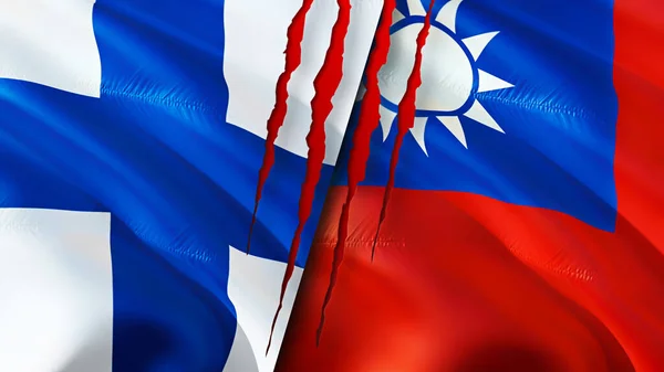 Finland and Taiwan flags with scar concept. Waving flag,3D rendering. Finland and Taiwan conflict concept. Finland Taiwan relations concept. flag of Finland and Taiwan crisis,war, attack concep