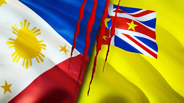 Filipina Dan Niue Bendera Dengan Konsep Bekas Luka Mengayunkan Bendera — Stok Foto