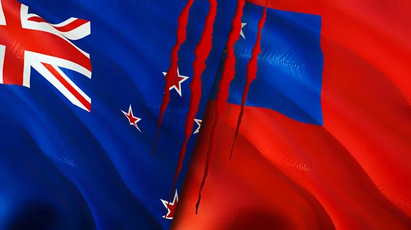 新西兰和萨摩亚的国旗带有疤痕概念 波浪旗3D渲染 新西兰和萨摩亚冲突概念 新西兰萨摩亚关系概念 新西兰和萨摩亚危机的旗帜 战争C — 图库照片