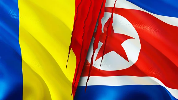 Romania and North Korea flags with scar concept. Waving flag,3D rendering. Romania and North Korea conflict concept. Romania North Korea relations concept. flag of Romania and North Kore