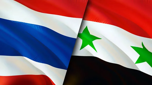 Thailand and Syria flags. 3D Waving flag design. Thailand Syria flag, picture, wallpaper. Thailand vs Syria image,3D rendering. Thailand Syria relations alliance and Trade,travel,tourism concep