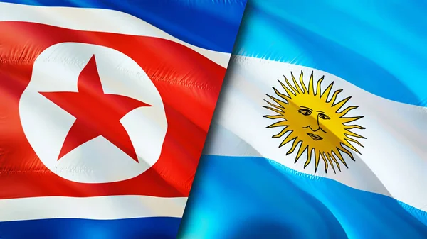 North Korea and Argentina flags. 3D Waving flag design. North Korea Argentina flag, picture, wallpaper. North Korea vs Argentina image,3D rendering. North Korea Argentina relations alliance an