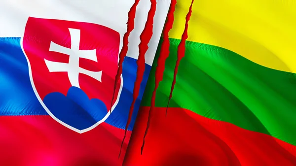 Slovakia and Lithuania flags with scar concept. Waving flag,3D rendering. Slovakia and Lithuania conflict concept. Slovakia Lithuania relations concept. flag of Slovakia and Lithuania crisis,war