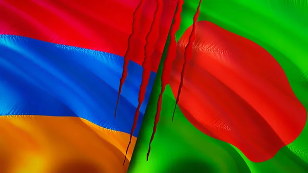 Armenia and Bangladesh flags with scar concept. Waving flag,3D rendering. Armenia and Bangladesh conflict concept. Armenia Bangladesh relations concept. flag of Armenia and Bangladesh