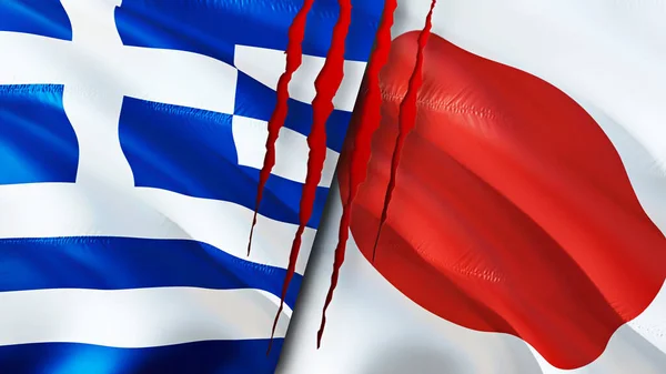 Greece and Japan flags with scar concept. Waving flag,3D rendering. Greece and Japan conflict concept. Greece Japan relations concept. flag of Greece and Japan crisis,war, attack concep