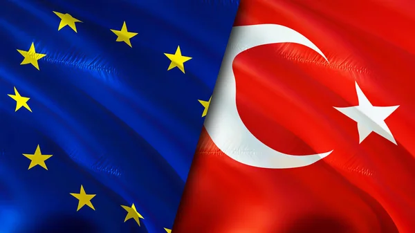 European Union and Turkey flags. 3D Waving flag design. European Union Turkey flag, picture, wallpaper. European Union vs Turkey image,3D rendering. European Union Turkey relations alliance an
