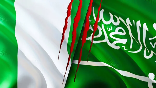 Nigeria and Saudi Arabia flags with scar concept. Waving flag,3D rendering. Nigeria and Saudi Arabia conflict concept. Nigeria Saudi Arabia relations concept. flag of Nigeria and Saudi Arabi