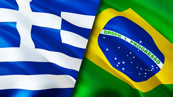 Greece and Brazil flags. 3D Waving flag design. Greece Brazil flag, picture, wallpaper. Greece vs Brazil image,3D rendering. Greece Brazil relations alliance and Trade,travel,tourism concep