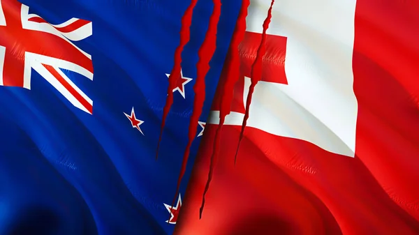 新西兰和汤加的国旗带有伤疤概念 波浪旗3D渲染 新西兰和汤加冲突概念 新西兰汤加关系概念 新西兰和汤加的国旗危机 战争C — 图库照片