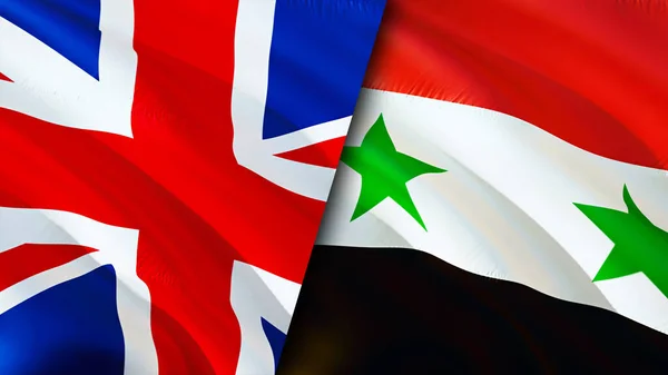 United Kingdom and Syria flags. 3D Waving flag design. United Kingdom Syria flag, picture, wallpaper. United Kingdom vs Syria image,3D rendering. United Kingdom Syria relations alliance an