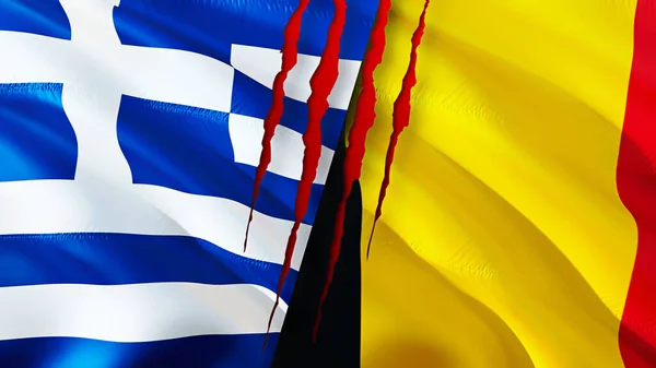 Greece and Belgium flags with scar concept. Waving flag,3D rendering. Greece and Belgium conflict concept. Greece Belgium relations concept. flag of Greece and Belgium crisis,war, attack concep