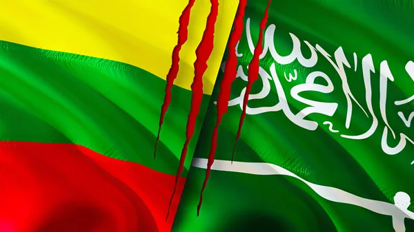 Lithuania and Saudi Arabia flags with scar concept. Waving flag,3D rendering. Lithuania and Saudi Arabia conflict concept. Lithuania Saudi Arabia relations concept. flag of Lithuania and Saud