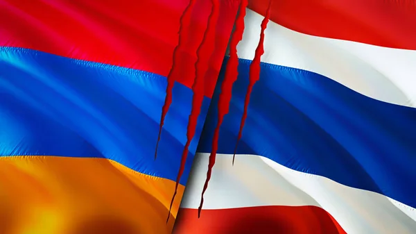Armenia and Thailand flags with scar concept. Waving flag,3D rendering. Armenia and Thailand conflict concept. Armenia Thailand relations concept. flag of Armenia and Thailand crisis,war,