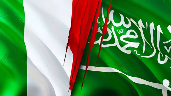 Italy and Saudi Arabia flags with scar concept. Waving flag,3D rendering. Italy and Saudi Arabia conflict concept. Italy Saudi Arabia relations concept. flag of Italy and Saudi Arabia crisis,war