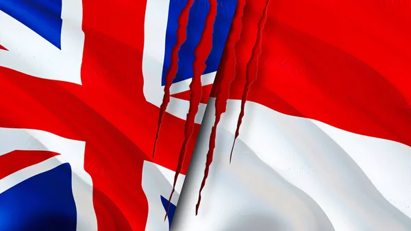 United Kingdom and Monaco flags with scar concept. Waving flag,3D rendering. United Kingdom and Monaco conflict concept. United Kingdom Monaco relations concept. flag of United Kingdom and Monac
