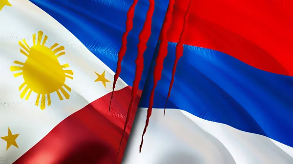 Bendera Filipina Dan Serbia Dengan Konsep Bekas Luka Mengayunkan Bendera — Stok Foto