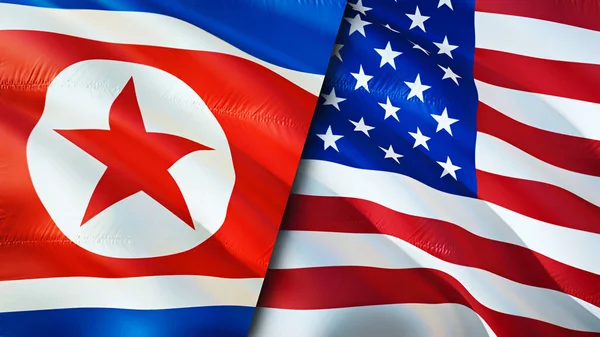 North Korea and USA USA. 3D Waving flag design. North Korea USA flag, picture, wallpaper. North Korea vs USA image,3D rendering. North Korea USA relations alliance and Trade,travel,tourism concep