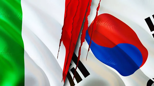 Italy and South Korea flags with scar concept. Waving flag,3D rendering. Italy and South Korea conflict concept. Italy South Korea relations concept. flag of Italy and South Korea crisis,war, attac