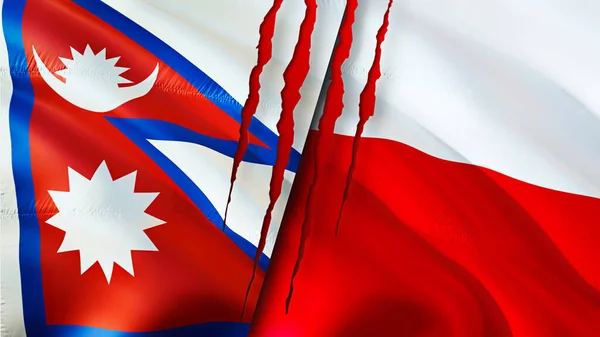 Nepal and Poland flags with scar concept. Waving flag,3D rendering. Nepal and Poland conflict concept. Nepal Poland relations concept. flag of Nepal and Poland crisis,war, attack concep