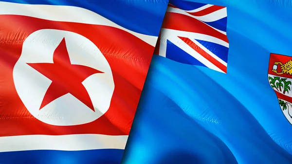 朝鲜和斐济的国旗 3D波浪旗帜设计 朝鲜斐济国旗 朝鲜对斐济的图像 3D渲染 北朝鲜斐济关系联盟与贸易 — 图库照片