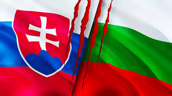 Slovakia and Bulgaria flags with scar concept. Waving flag,3D rendering. Slovakia and Bulgaria conflict concept. Slovakia Bulgaria relations concept. flag of Slovakia and Bulgaria crisis,war, attac