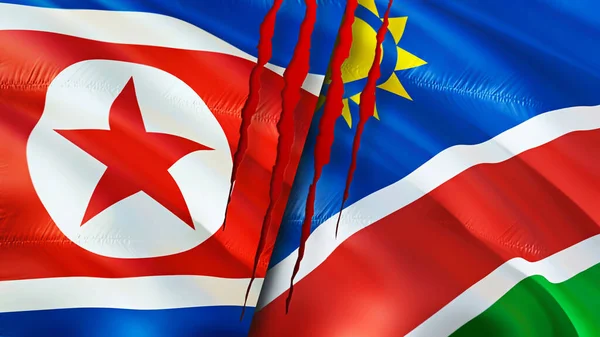 North Korea and Namibia flags with scar concept. Waving flag,3D rendering. North Korea and Namibia conflict concept. North Korea Namibia relations concept. flag of North Korea and Namibi