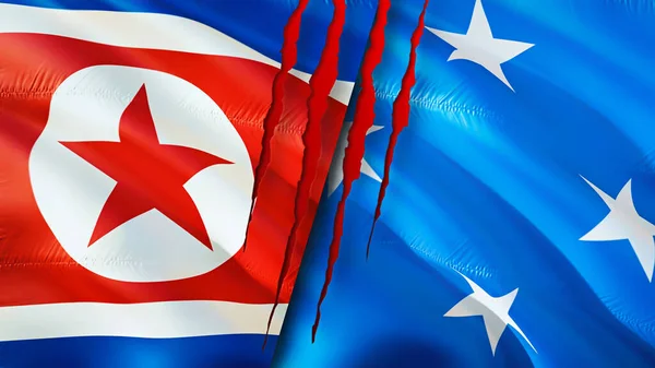 North Korea and Micronesia flags with scar concept. Waving flag,3D rendering. North Korea and Micronesia conflict concept. North Korea Micronesia relations concept. flag of North Korea an