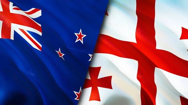 新西兰和格鲁吉亚的国旗 3D波浪旗帜设计 新西兰国旗 新西兰对佐治亚州的图像 3D渲染 新西兰与格鲁吉亚的关系 — 图库照片