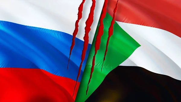 Banderas Rusia Sudán Con Concepto Cicatriz Bandera Ondeante Representación Rusia — Foto de Stock