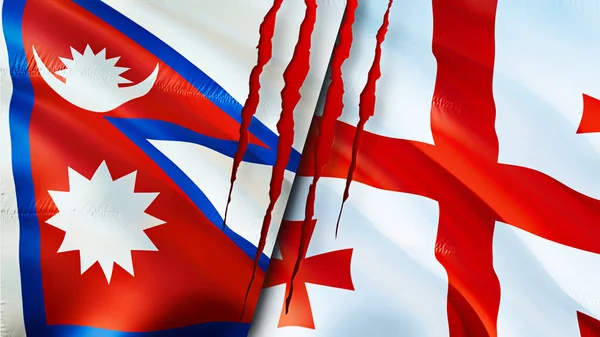 Yara izi olan Nepal ve Georgia bayrakları. Dalgalanan bayrak, 3 boyutlu görüntüleme. Nepal ve Georgia çatışma konsepti. Nepal Georgia ilişkileri kavramı. Nepal ve Gürcistan bayrağı krizi, savaş, saldırı konsepti