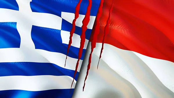 Greece and Indonesia flags with scar concept. Waving flag,3D rendering. Greece and Indonesia conflict concept. Greece Indonesia relations concept. flag of Greece and Indonesia crisis,war, attac