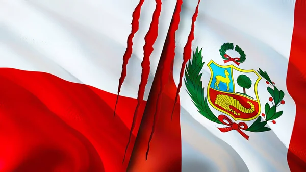 Bandiere Polonia Perù Con Concetto Cicatrice Bandiera Sventolante Rendering Polonia — Foto Stock
