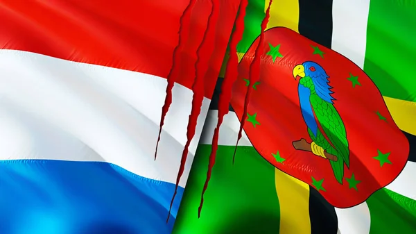 Luxemburg Dominica Vlaggen Met Litteken Concept Wuivende Vlag Weergave Conflictconcept — Stockfoto