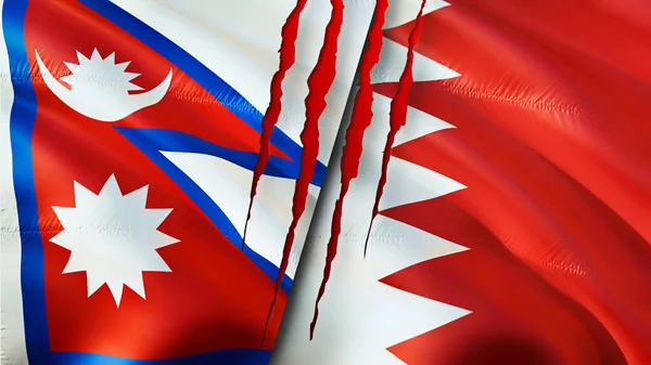 Bandeiras Nepal Bahrein Com Conceito Cicatriz Bandeira Ondulada Renderização Conceito — Fotografia de Stock