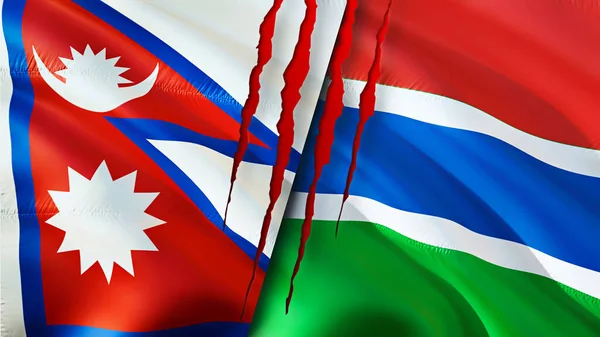 Flagi Nepalu Gambii Blizną Machanie Flagą Renderowanie Koncepcja Konfliktu Nepalu — Zdjęcie stockowe