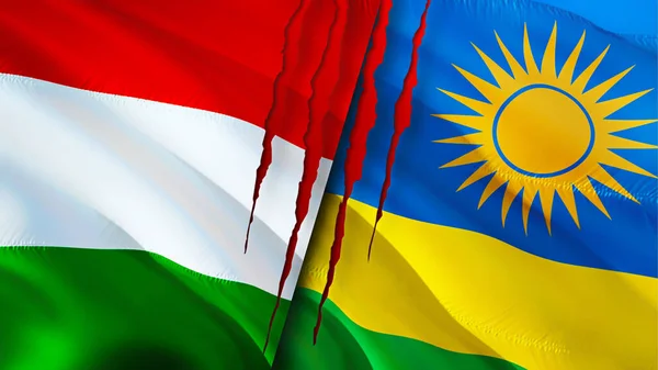 Hungary and Rwanda flags with scar concept. Waving flag,3D rendering. Hungary and Rwanda conflict concept. Hungary Rwanda relations concept. flag of Hungary and Rwanda crisis,war, attack concep
