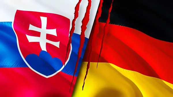 Slovakia and Germany flags with scar concept. Waving flag,3D rendering. Slovakia and Germany conflict concept. Slovakia Germany relations concept. flag of Slovakia and Germany crisis,war, attac