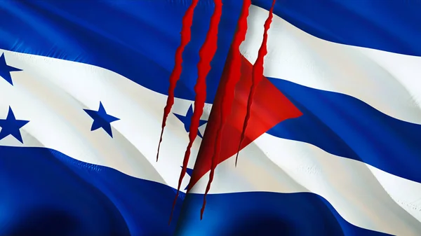Honduras and Cuba flags with scar concept. Waving flag 3D rendering. Honduras and Cuba conflict concept. Honduras Cuba relations concept. flag of Honduras and Cuba crisis,war, attack concep